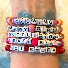 Handmade Word Kandi Made With -This Listing Is For The 5 Bracelets Pictured Above. One Size Fits Most Stretchy Cord Unique And Fun For Your Next Rave Or Festival! Check Out My Closet For More Kandi Goodies, And Create Your Own Personalized Bundle For The Best Deal! Edm Edc Raver Party Kandi Bracelets Jewelry Beads Plur Glitter Outfit Accessories Rainbow Y2k 90s Neon Trippy Trip Mushroom Scene Kandi, Rave Bracelets, Rave Kandi, Glitter Outfit, Diy Kandi, Kandi Ideas, Kandi Bracelets, Jewelry Beads, Bracelet Ideas