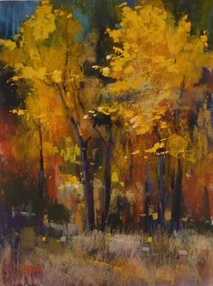 an oil painting of trees with yellow leaves