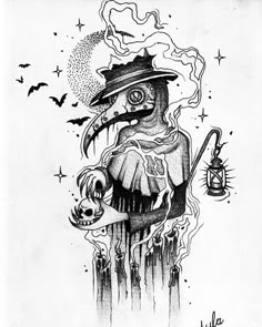 a black and white drawing of a bird wearing a hat