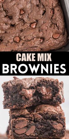 chocolate cake mix brownies stacked on top of each other with text overlay that says cake mix brownies