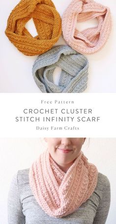 the crochet clusterer scarf pattern is shown in three different colors and sizes