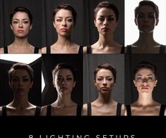 a series of eight photos showing different women's face expressions and hair styles, with the text 8 lighting settings