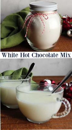 two pictures of white hot chocolate mix in glass bowls