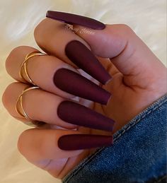 Maroon Nail Inspo Acrylic, Burgundy Nails Acrylic Coffin Long, Dark Red Matte Acrylic Nails, Dark Matte Red Nails, Red And Black Matte Nails, Fall Almond Acrylic Nails, Matte Dark Red Nails, Dark Red Matte Nails, Dark Matte Nails