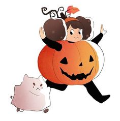 two children are riding on top of a pumpkin with a cat in front of them