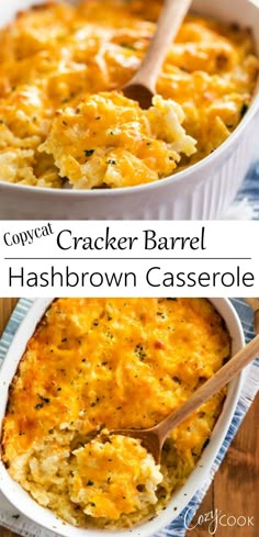 a casserole dish with hashbrown in it and the title overlay reads copycat cracker barrel hashbrown casserole