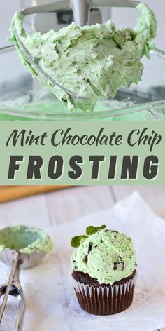 mint chocolate chip frosting in a glass bowl