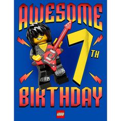 a lego figure holding a guitar with the number seven on it's chest and name