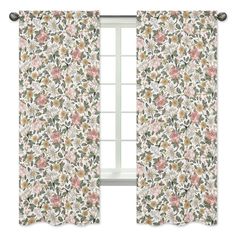 an open window with floral curtains on the outside and inside, in front of a white background