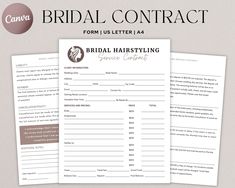 the bridal contract form is shown in three different colors and font, along with an image