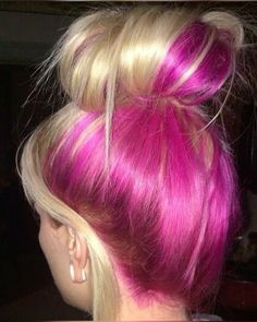 Hidden Pink Hair, Blonde And Pink Hair Peekaboo, Blond And Pink Hair, Blonde And Purple Hair, Pink Dyed Hair, Blonde And Pink Hair, Blonde Pink Hair, Pink And Blonde Hair, Hair In Bun