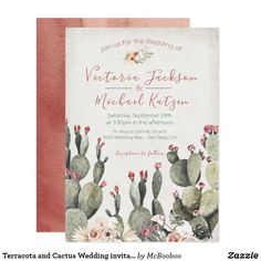 a wedding card with cactus and flowers on it