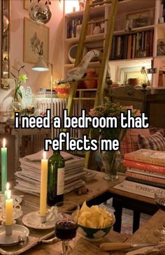 i need a bedroom that reflects me with candles on the table and bookshelves in the background