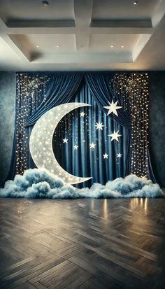 an image of a curtain with stars and moon in the sky on it's side