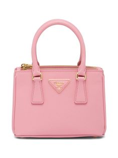 light pink Saffiano leather triangle logo gold-tone hardware top zip fastening two rounded top handles detachable shoulder strap internal zip pocket Pink Prada Bag, Goth Wardrobe, Prada Galleria, Leather Mini Bag, Cute Handbags