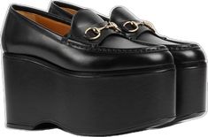 Modern Gucci Loafers In Calf Leather, Gucci Modern Black Loafers, Modern Gucci Loafers For Office, Luxury Calf Leather Platform Loafers, Chic Calf Leather Platform Loafers For Office, Formal Loafers With Platform And Calf Leather, Formal Platform Loafers In Calf Leather, Chic Gucci Loafers With Almond Toe, Luxury Business Loafers With Platform