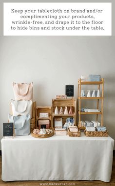 a table topped with lots of different types of items and text that says, keep your tablecloth on brand and / or compliment