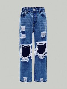 Tween Girl Ripped Straight Jeans Dark Wash    Denim Plain Straight Leg Non-Stretch  Tween Girls Clothing, size features are:Bust: ,Length: ,Sleeve Length: Ripped Jeans For Kids, Best Friend Hoodies, Girls Ripped Jeans, Cute Ripped Jeans, Modern Street Style, Cute Pants, Old Jeans, Jeans Casual, Tween Outfits