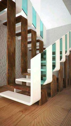 a staircase made out of wood and glass in a room with white furniture on the floor