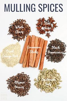 the spices for mulling spices are arranged in different shapes and sizes