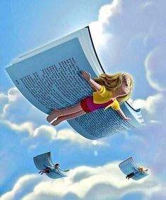 a girl is flying through the air with an open book above her head and two birds in the sky