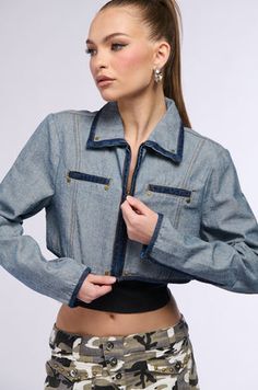 INSIDE OUT DENIM CROP JACKET Fitted Collared Denim Jacket With Pockets, Chic Collared Cotton Denim Jacket, Fitted Collared Denim Jacket Trendy Style, Trendy Fitted Collared Denim Jacket, Fitted Denim Blue Cropped Jacket, Fitted Collared Denim Jacket In Denim Blue, Fitted Collared Denim Jacket, Trendy Fitted Collared Denim Top, Fitted Denim Blue Cotton Cropped Jacket