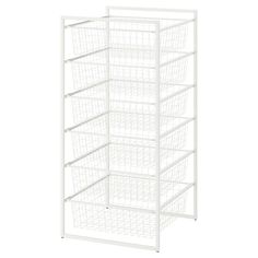 a white storage rack with six baskets on the bottom and one shelf below it, in front of a white background