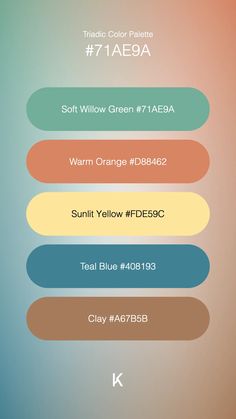 Triadic Color Palette Soft Willow Green #71AE9A · Warm Orange #D88462 · Sunlit Yellow #FDE59C · Teal Blue #408193 · Clay #A67B5B Colour Pallets, Hex Color Palette, Willow Green, Hex Colors, Spring Green, Seafoam Green, Beautiful Wallpapers, Unique Colors