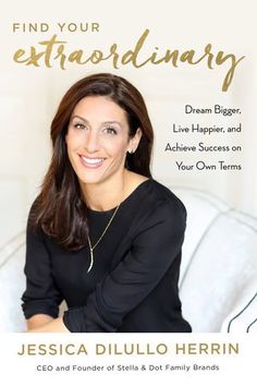 a woman sitting on top of a couch in front of a white wall with the words find your extraordinary