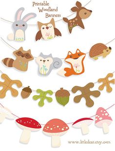 woodland animals and mushrooms are hanging on a clothes line with the words printable woodland banners