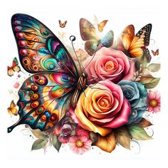 a painting of flowers and butterflies on a white background