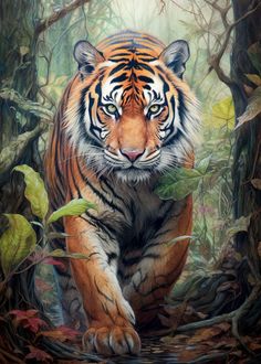 a painting of a tiger walking through the woods