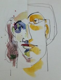 an abstract drawing of a woman's face with different colored shapes and lines on it