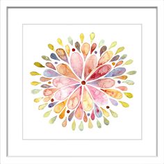 an abstract watercolor painting with many colors and shapes in the center, on white background