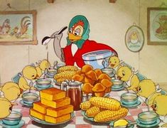 a cartoon character sitting at a table with corn on the cob