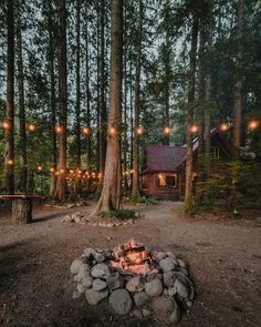 a fire pit in the middle of a forest with lights hanging from it's sides