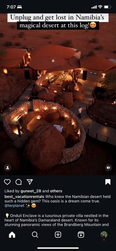 an aerial view of some rocks and lights in the desert with text that reads upplug and get lost in namibia's magnificent desert at this log