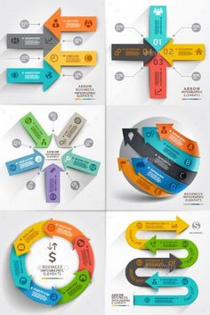 four different info graphics with arrows and numbers