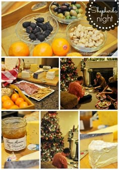 a collage of pictures with oranges, nuts and other foods in bowls next to a christmas tree