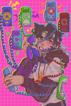 an anime character talking on the phone while holding a cell phone in one hand and wearing a chain around his neck