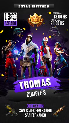 the poster for an upcoming game called thomas's cumple 8 is shown in purple and