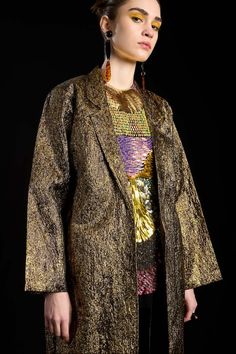 Antique gold overlay jacket with woven jacquard and open front. - Aza Fashions Luxury Gold Evening Blazer, Gold Outerwear For Winter Night Out, Gold Outerwear For Night Out In Winter, Gold Luxury Long Sleeve Blazer, Gold Long Sleeve Outerwear For Night Out, Luxury Gold Outerwear For Evening, Chic Gold Outerwear For Party, Luxury Metallic Outerwear For Evening, Luxury Gold Blazer For Festive Season