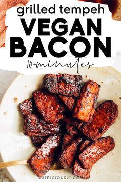 grilled tempeh vegan bacon on a white plate with text overlay