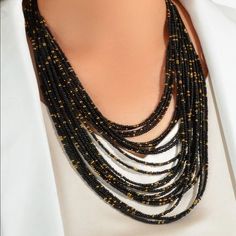 Black Beaded Layered Necklace For Women Length - 19.7” - 22.4” Cheap Black Long Beaded Necklace, Black Multi-strand Necklace With Faceted Beads, Gold Beaded Necklaces With Black Beads For Evening, Gold Beaded Necklace With Black Beads For Evening, Elegant Black Multi-strand Beaded Necklaces, Elegant Black Beads With Gold Details, Elegant Black Faceted Beads, Black Beaded Necklace With Gold Beads For Party, Black Beaded Long Necklace For Parties