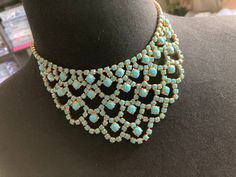 Diamond swag bib necklace Vintage retro gold tone turquoise clear diamanté rhinestone paste necklace 38cm to 43cm Crystal Necklaces, Bleu Turquoise, Vintage Turquoise, Bib Necklace, Necklace Vintage, Vintage Necklace, Crystal Necklace, Favorite Jewelry, Retro Vintage