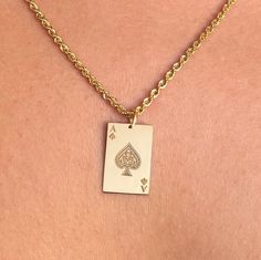 CHRISTMAS SALES until December 25th! All of our jewelry is 30% OFF! Pendant Material: 14K Solid Real Gold (NOT GOLD PLATED) Hallmark for certification engraved on the back: 585 Pendant Dimensions: - 18x12mm / 0.70x0.47inches - 20x14mm / 0.78x0.55 inches - 24x16mm / 0.94x0.62 inches *Real images of the pendant, size 18x12mm/0.70x0.47inches* Thickness: 0.5mm Jump ring inner diameter: 4mm Chain Material: 14K Solid Real Gold (NOT GOLD PLATED) Rope Chain Length available: - 35 cm / 13,7 inches - 40 c Gold Jewelry With Certificate As A Gift, Gold Jewelry With Certificate For Gift, Ace Gold Necklace, Playing Cards Jewelry, Ace Playing Card, Ace Spade, Playing Card Necklace, Black And Gold Ace Of Spades, Gold Neck Chain