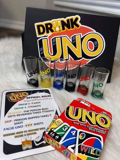 the uno drinking game is on display with its contents