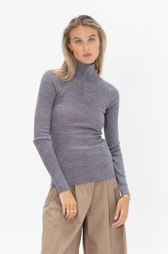 TIBI - Zip-Up Turtleneck Sweater, Grey Merino Wool Long Sleeve Turtleneck For Fall, Long Sleeve Merino Wool Turtleneck For Fall, Fitted Merino Wool Long Sleeve Outerwear, Fitted Long Sleeve Merino Wool Outerwear, Long Sleeve Cashmere Turtleneck For Fall, Cashmere Long Sleeve Turtleneck For Fall, Workwear Turtleneck With Funnel Neck, Fitted Turtleneck With High Neck For Fall, Fall Fine Knit Long Sleeve Mock Neck Top