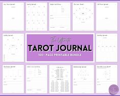 the ultimate tarot journal printable bundle is shown with purple background and white text