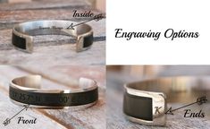 Gorgeous Personalized mens cuff bracelet. One size bracelet, will fit most wrists, can be adjusted by bending slightly. Width of the bracelet  0.6in (15mm). Stainless Steel is hypoallergenic, extremely durable, will not rust or tarnish. It looks expensive, has a nice weight to it, not hollow, nicely polished and has a beautiful shine. It is a bargain! ❤Comes in gift package. ❤Average Shipping time to US/Canada/UK 5-10 business days.----------- Personalization -----------  Leather inlay can be pe Adjustable Engraved Stainless Steel Cuff Bracelet, Modern Cuff Wristband As Gift, Personalized Band Jewelry For Gift, Personalized Jewelry Band For Gift, Modern Band Bracelet As Gift, Personalized Band Bracelet For Gift, Adjustable Cuff Bracelet With Engraving Option For Anniversary, Father's Day Gift Cuff Bracelet, Adjustable Cuff Bracelet With Engraving Option For Gift